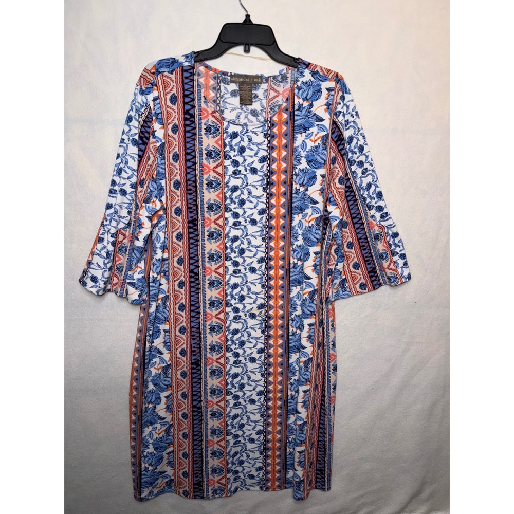Alexandra +‎ Oak Women XXL Blue Orange Floral Geometric Bell Sleeve Shift Dress